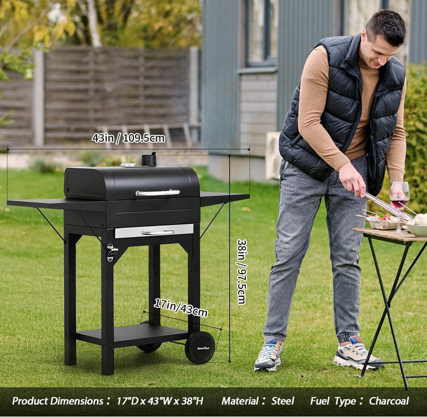 Heavy-Duty Charcoal Grill with Dual Side Tables – Outdoor BBQ Grill for Backyard, Patio, and Camping