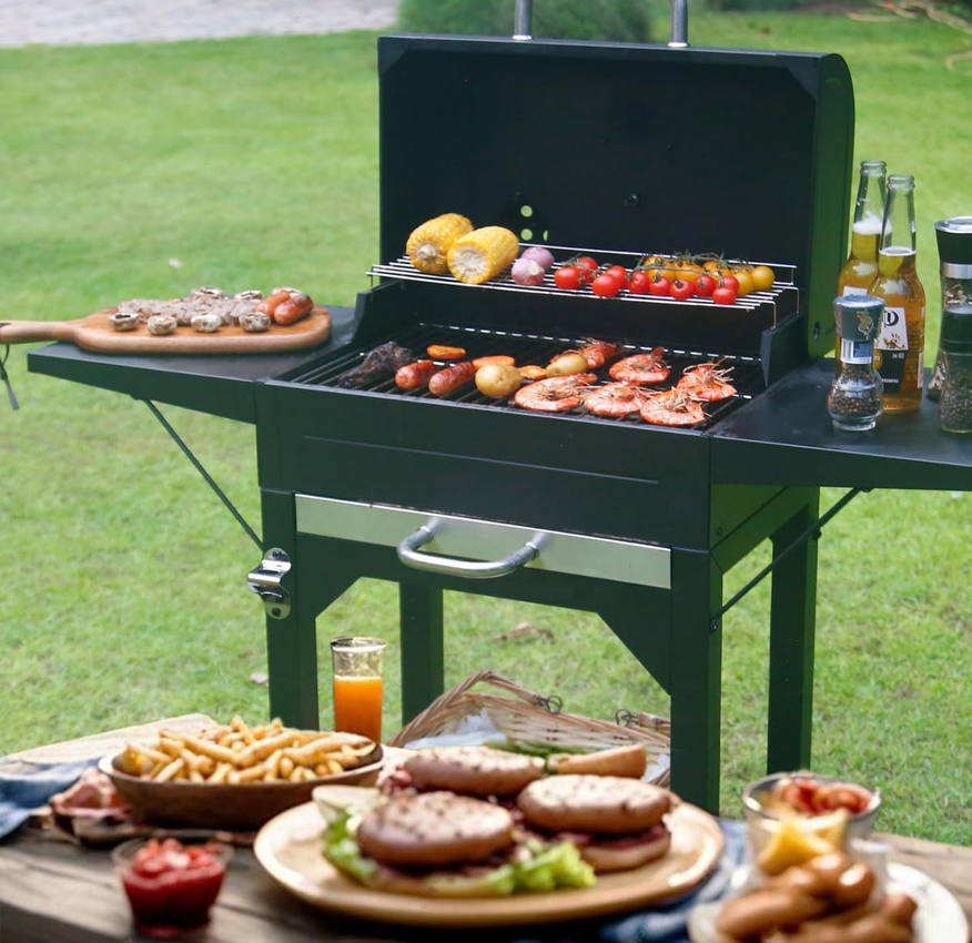 Heavy-Duty Charcoal Grill with Dual Side Tables – Outdoor BBQ Grill for Backyard, Patio, and Camping