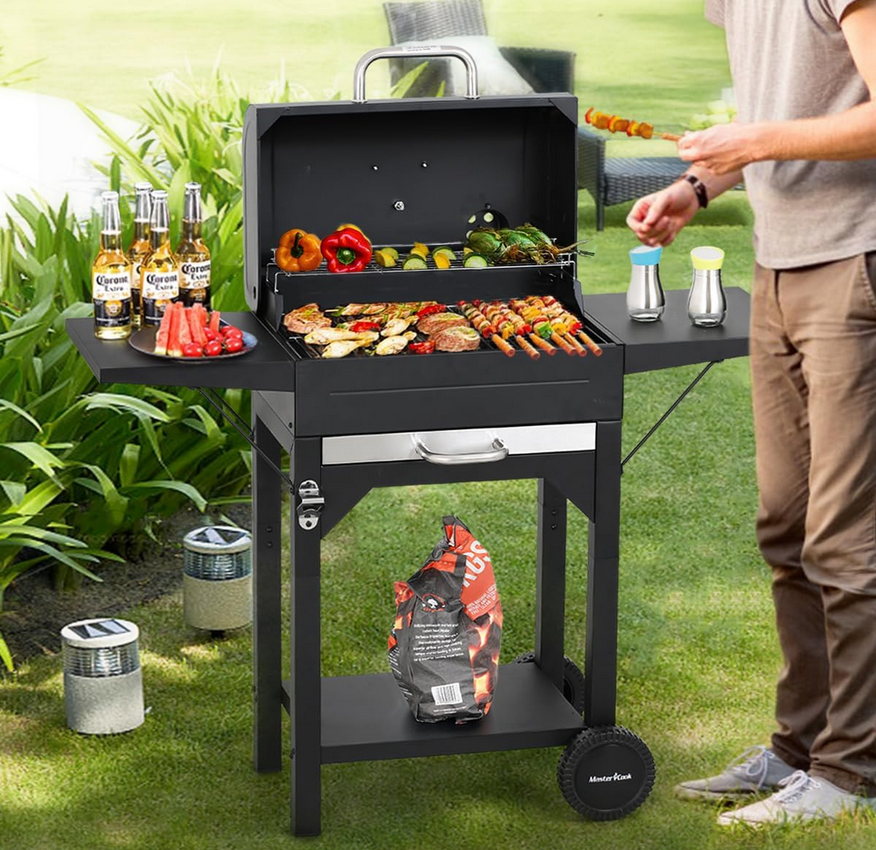 Heavy-Duty Charcoal Grill with Dual Side Tables – Outdoor BBQ Grill for Backyard, Patio, and Camping